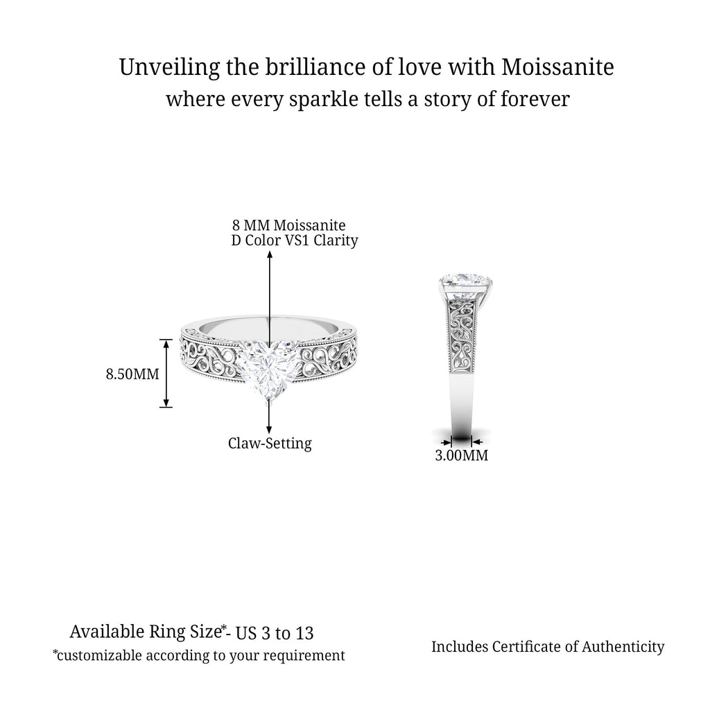 Heart Shape Moissanite Filigree Solitaire Ring D-VS1 8 MM - Sparkanite Jewels