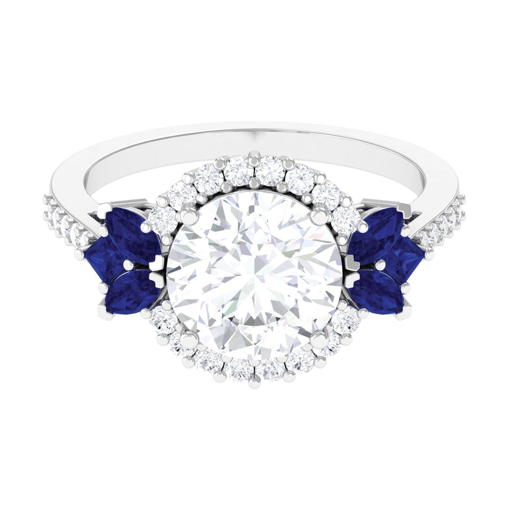 Statement Moissanite Halo Silver Ring with Sapphire - Sparkanite Jewels