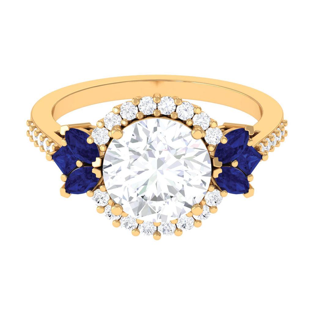 Statement Moissanite Halo Engagement Ring with Sapphire D-VS1 - Sparkanite Jewels