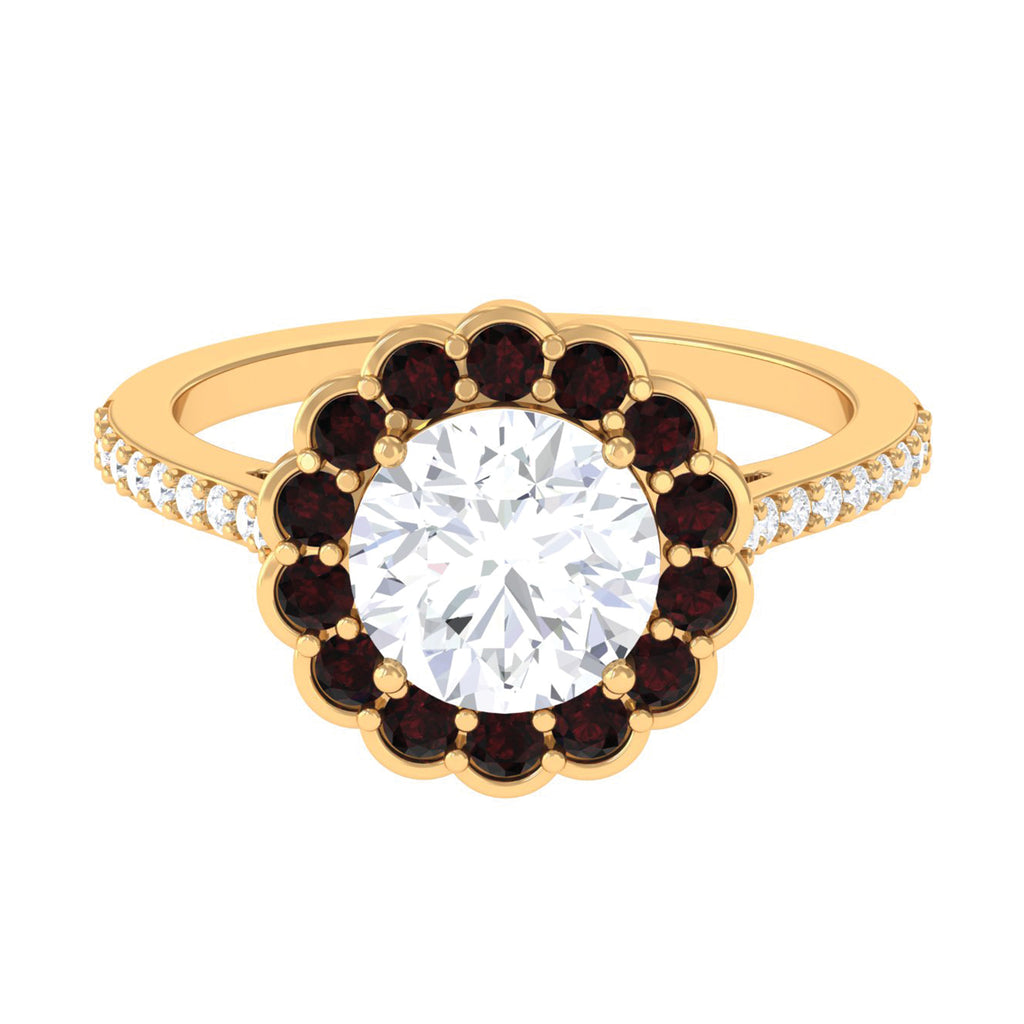 Certified Moissanite Cocktail Halo Ring with Garnet D-VS1 - Sparkanite Jewels