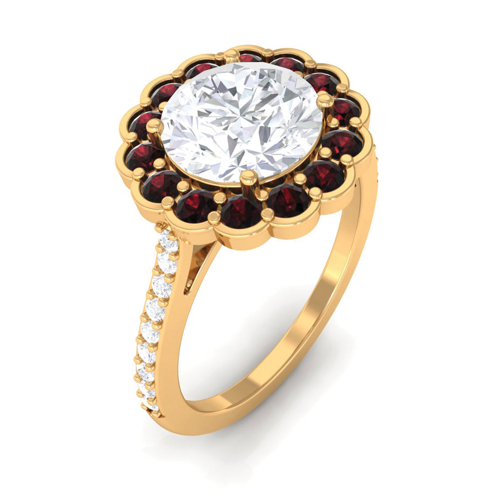 Certified Moissanite Cocktail Halo Ring with Garnet D-VS1 - Sparkanite Jewels