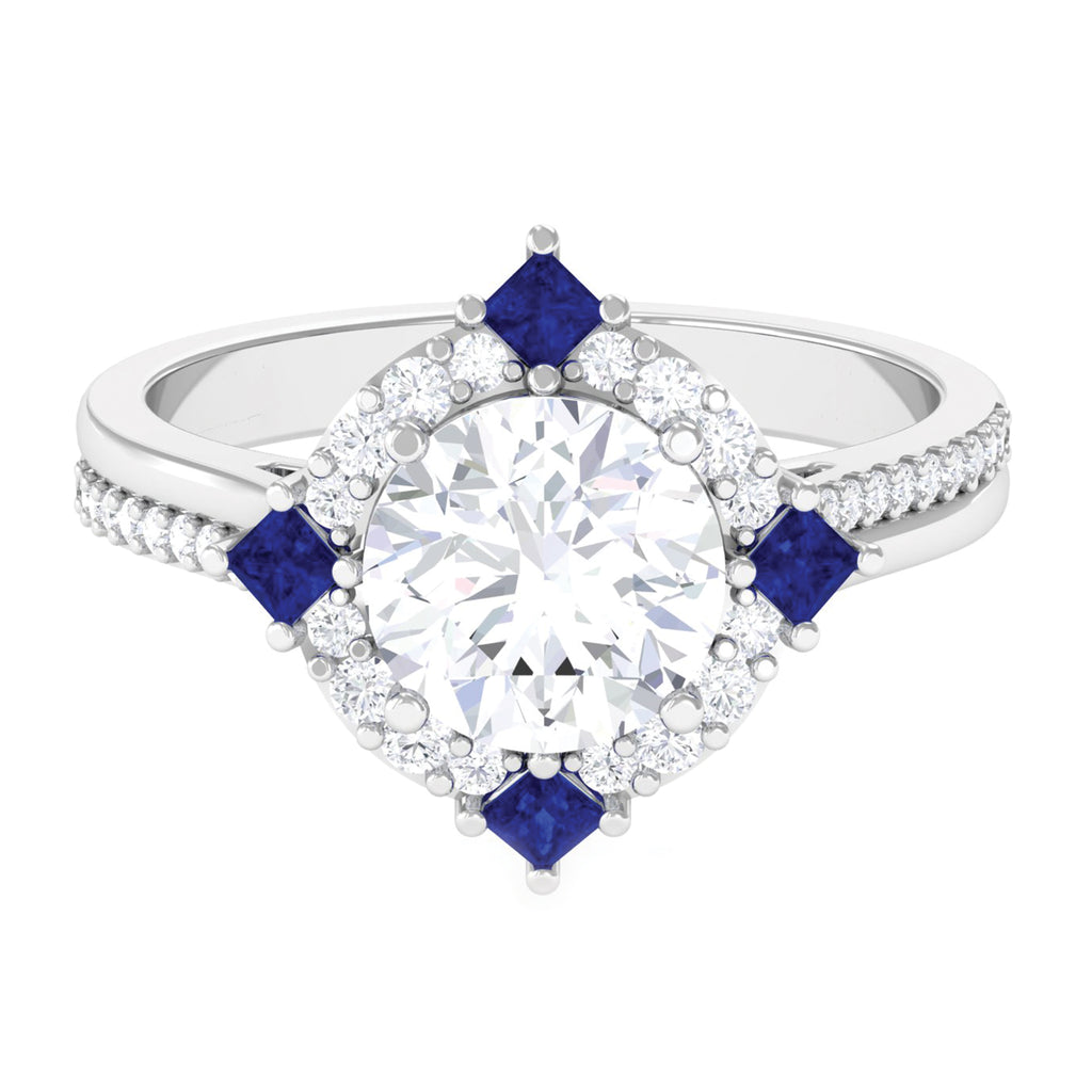 Vintage Inspired Moissanite Halo Engagement Ring with Lab Grown Blue Sapphire D-VS1 - Sparkanite Jewels