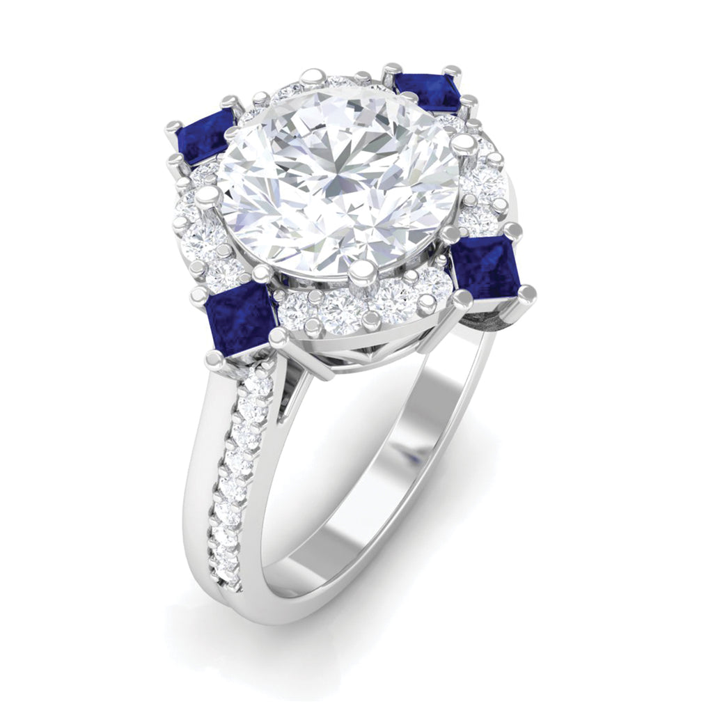 Vintage Inspired Moissanite Halo Engagement Ring with Lab Grown Blue Sapphire D-VS1 - Sparkanite Jewels