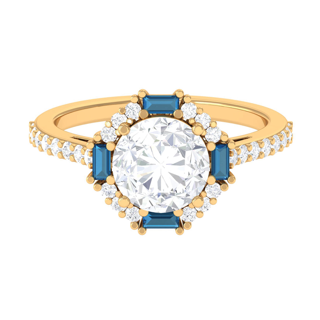 Classic Moissanite Halo Engagement Ring with London Blue Topaz D-VS1 8 MM - Sparkanite Jewels