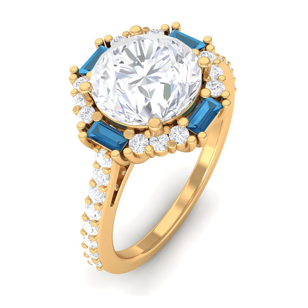 Classic Moissanite Halo Engagement Ring with London Blue Topaz D-VS1 8 MM - Sparkanite Jewels