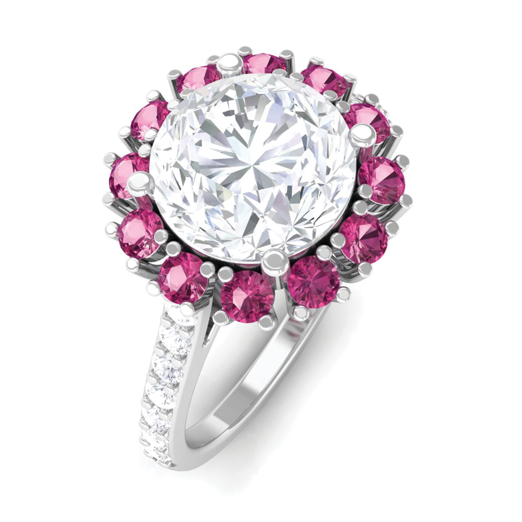 Moissanite Cocktail Ring with Pink Tourmaline Halo D-VS1 - Sparkanite Jewels