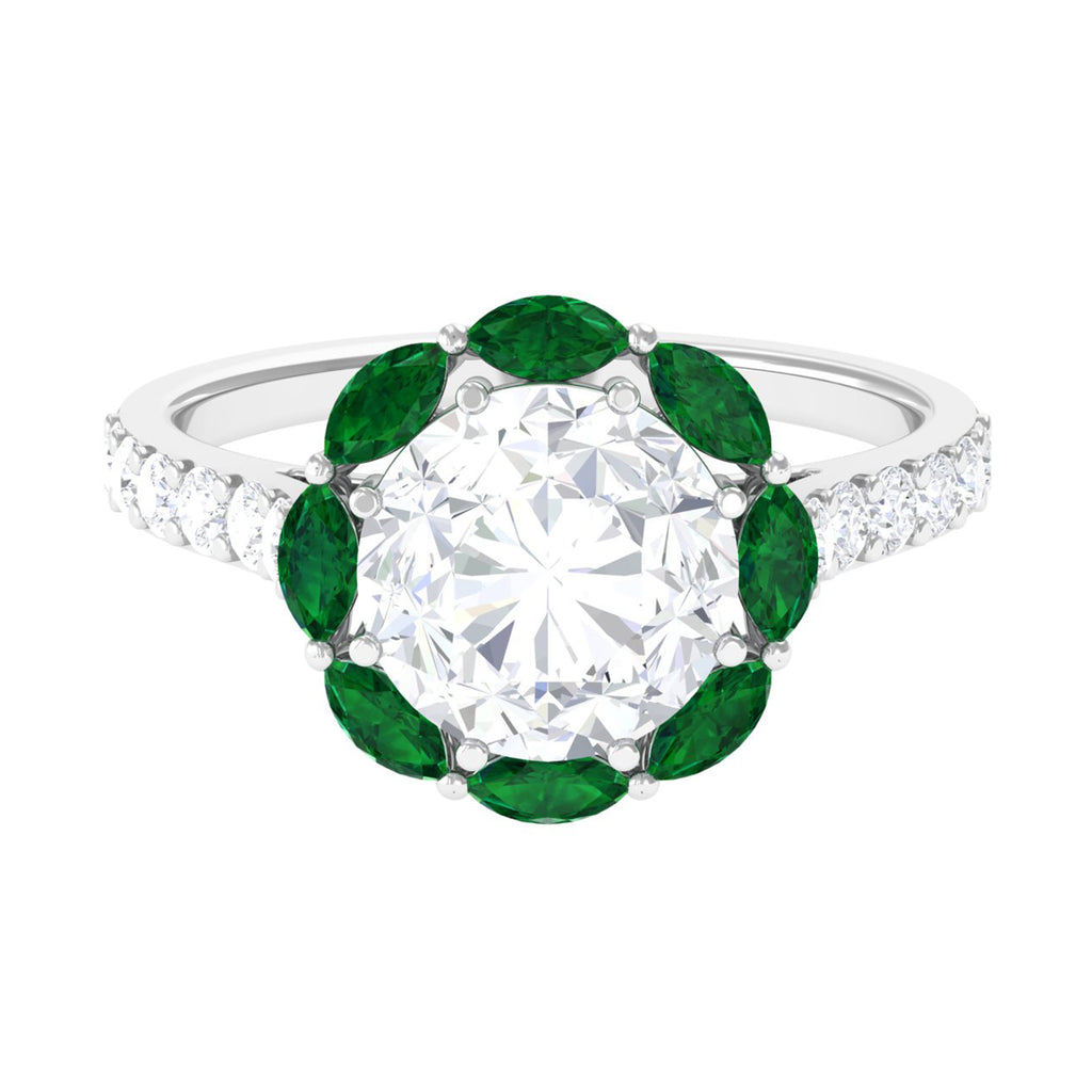 Moissanite Cocktail Engagement Ring with Lab Grown Emerald Halo D-VS1 9 MM - Sparkanite Jewels