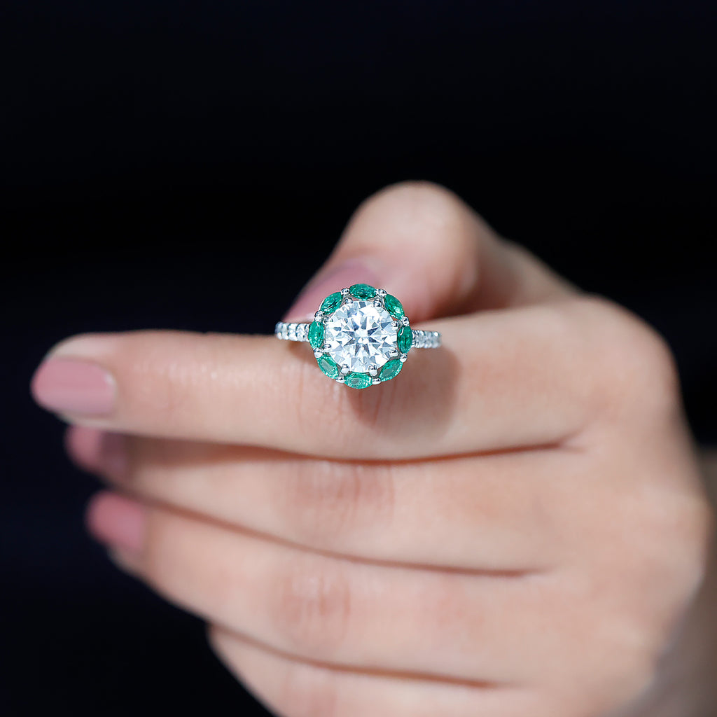 Moissanite Cocktail Engagement Ring with Lab Grown Emerald Halo D-VS1 9 MM - Sparkanite Jewels