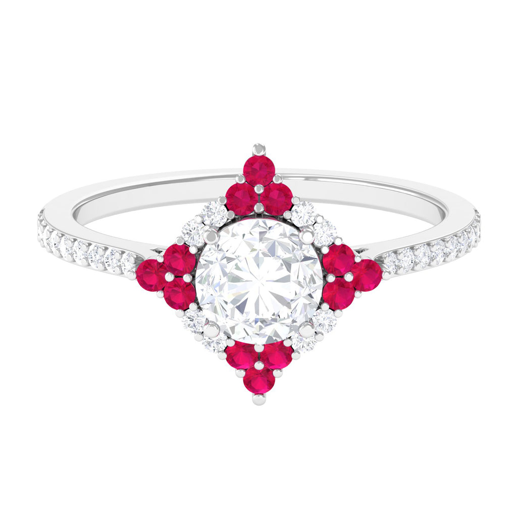 Statement Moissanite Halo Engagement Ring with Ruby D-VS1 6 MM - Sparkanite Jewels