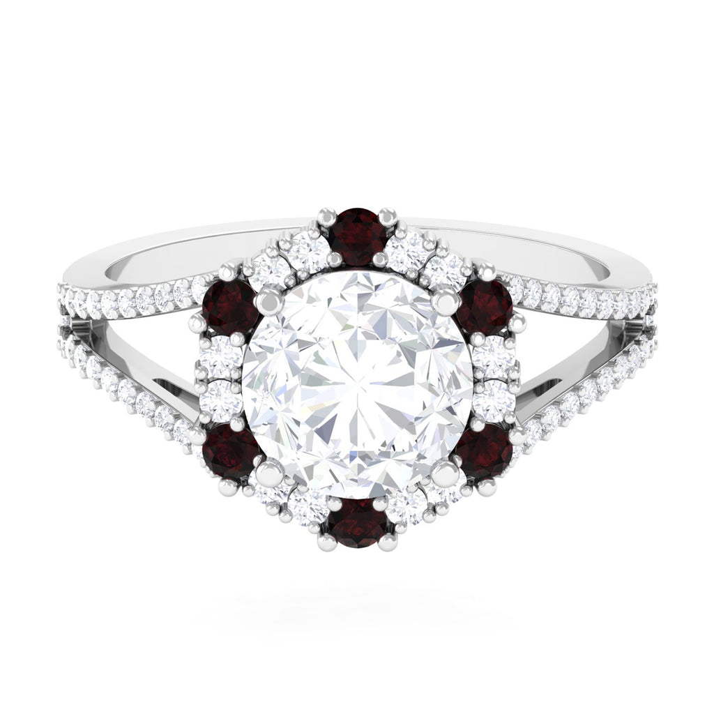Vintage Style Moissanite and Garnet Halo Engagement Ring in Split Shank D-VS1 - Sparkanite Jewels