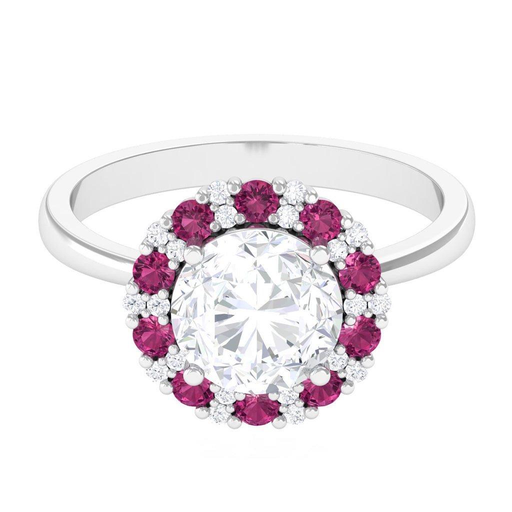 Moissanite and Pink Tourmaline Cocktail Halo Engagement Ring D-VS1 - Sparkanite Jewels