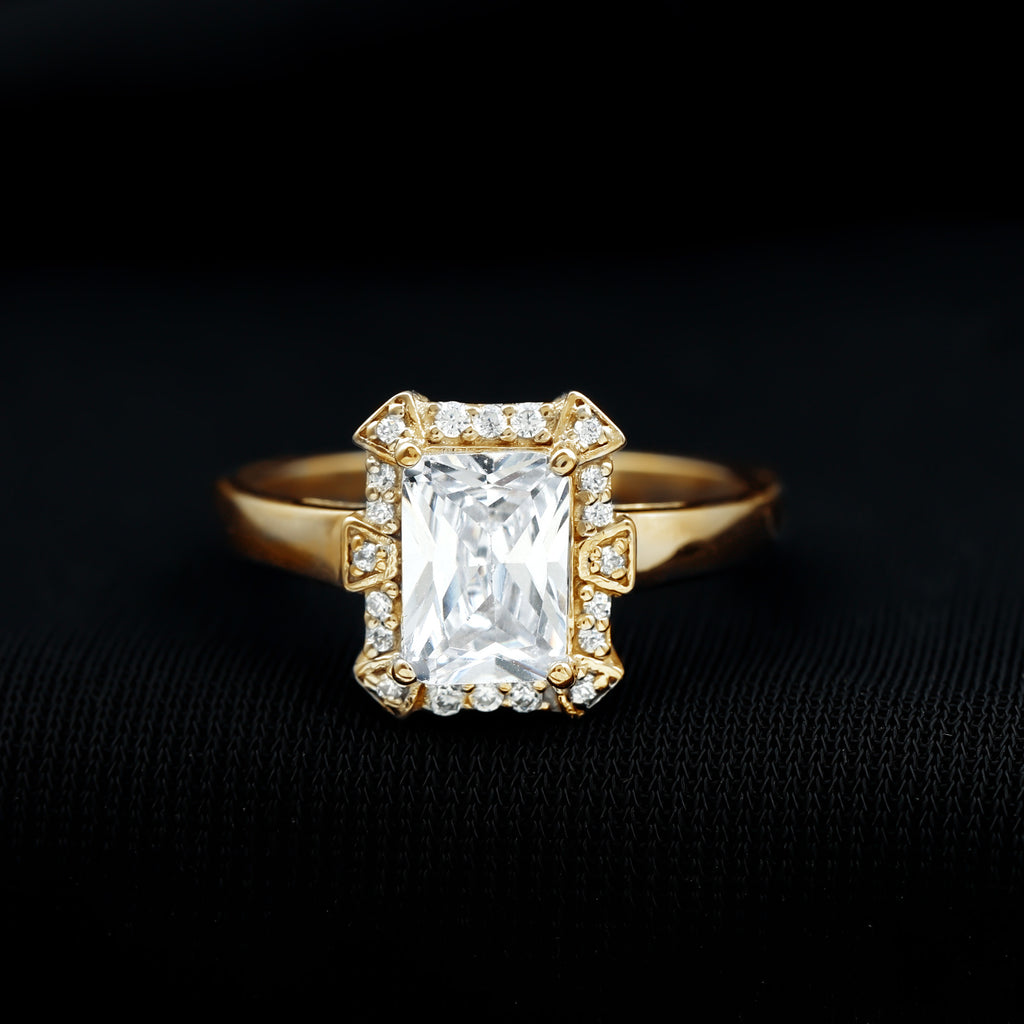 Vintage Inspired Emerald Cut Moissanite Halo Engagement Ring D-VS1 6X8 MM - Sparkanite Jewels