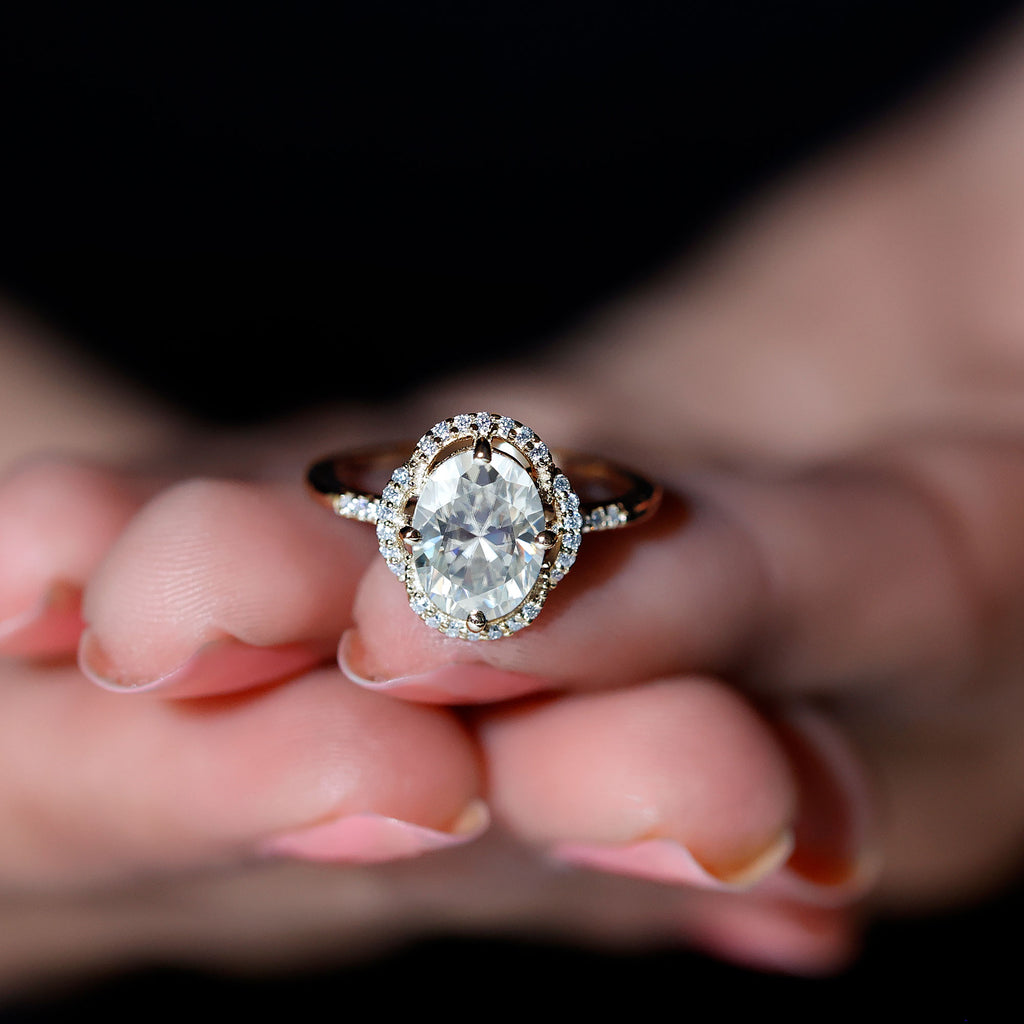 Vintage Inspired Oval Moissanite Halo Engagement Ring D-VS1 7X9 MM - Sparkanite Jewels