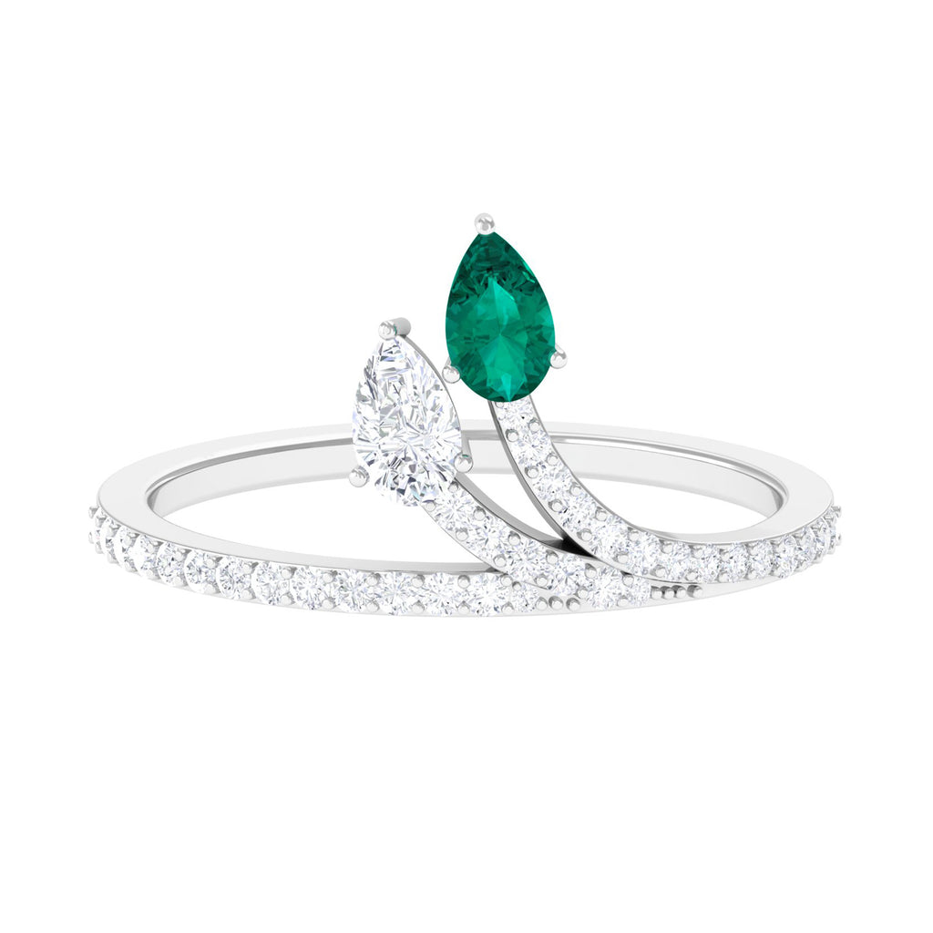 Minimal Pear Shape Moissanite and Emerald Leaf Ring D-VS1 - Sparkanite Jewels