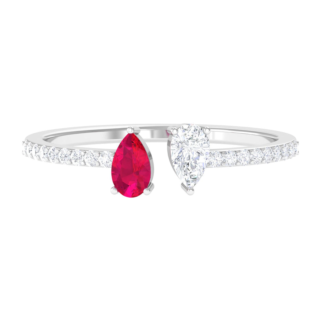 Minimal Pear Shape Moissanite and Ruby Two Stone Cuff Ring D-VS1 - Sparkanite Jewels