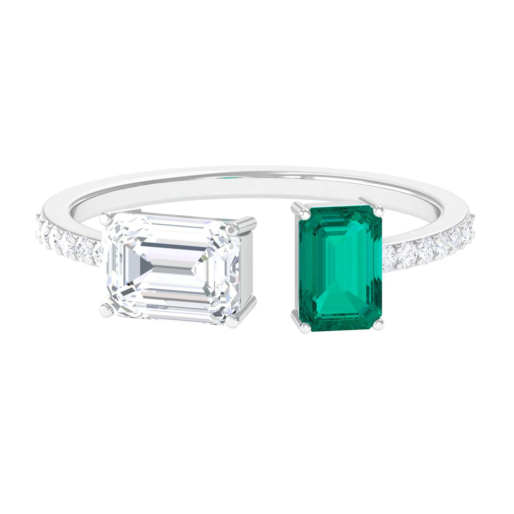 Octagon Cut Moissanite and Emerald Toi Et Moi Cuff Ring D-VS1 - Sparkanite Jewels