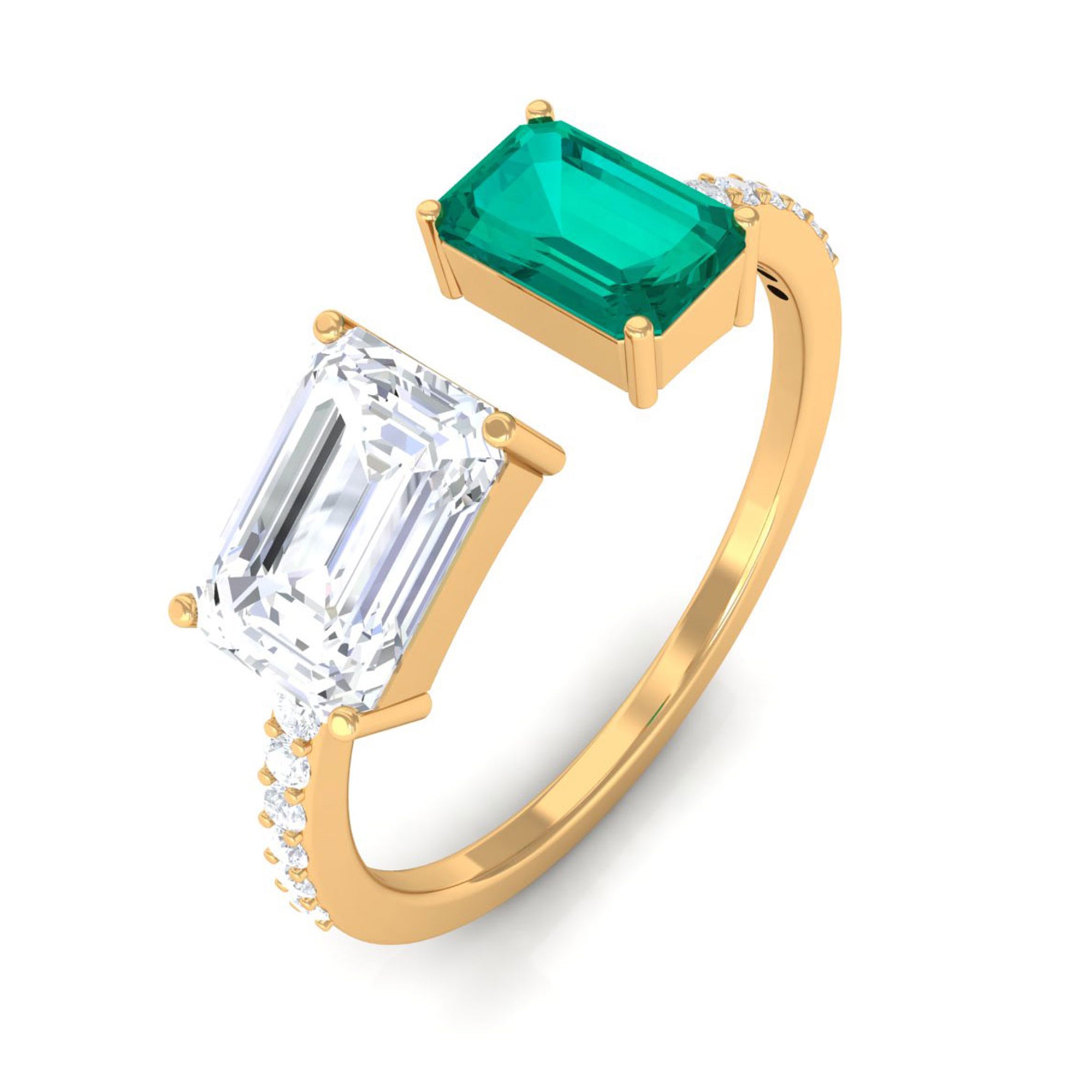 Octagon Cut Moissanite and Emerald Toi Et Moi Cuff Ring D-VS1 - Sparkanite Jewels