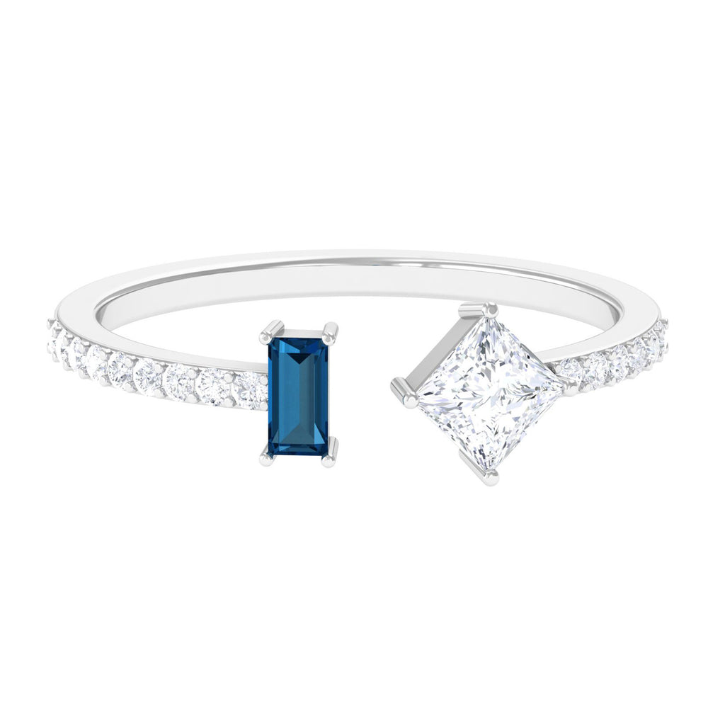 Moissanite Toi Et Moi Cuff Ring with London Blue Topaz D-VS1 - Sparkanite Jewels