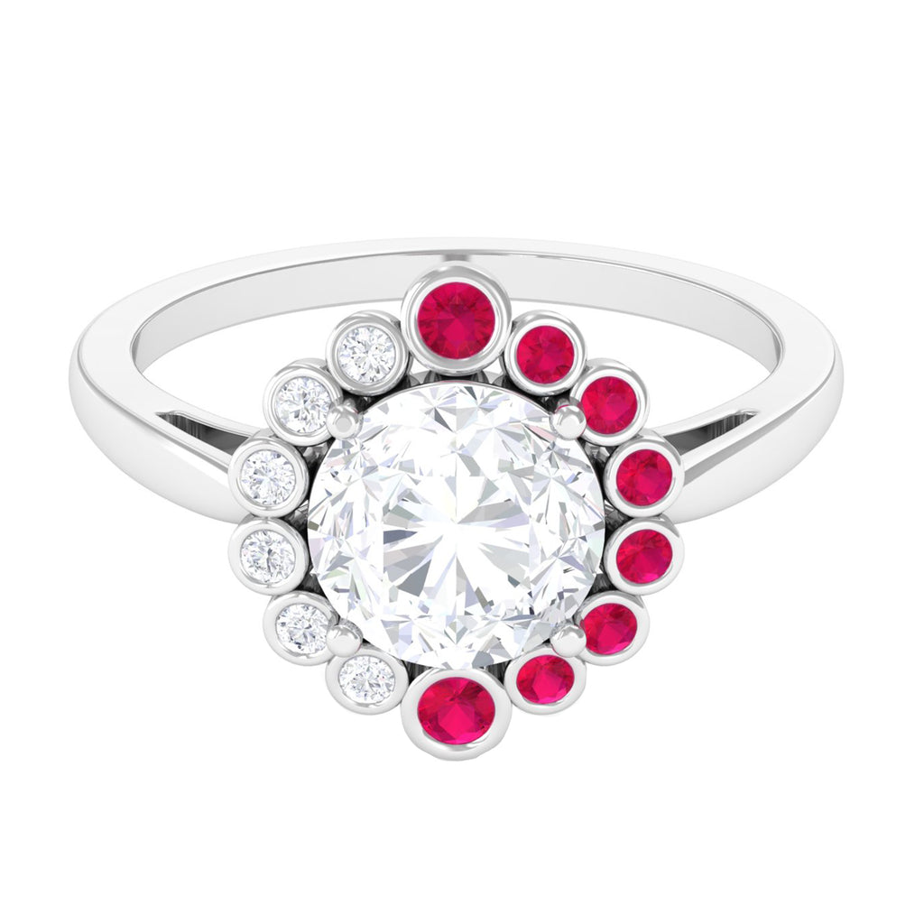 Moissanite Cocktail Halo Ring with Lab Created Ruby - Sparkanite Jewels