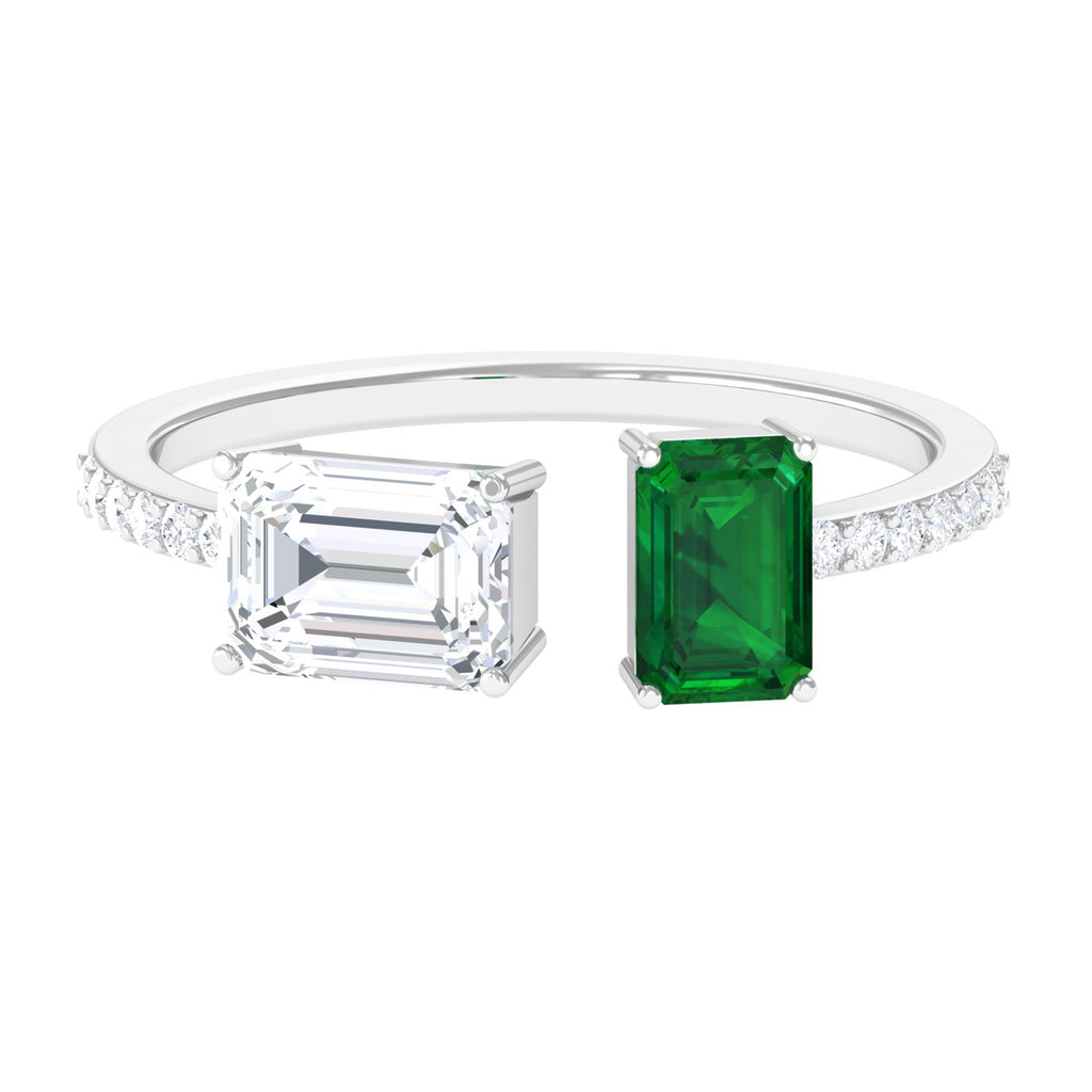Octagon Cut Moissanite and Lab Emerald Toi Et Moi Silver Ring - Sparkanite Jewels