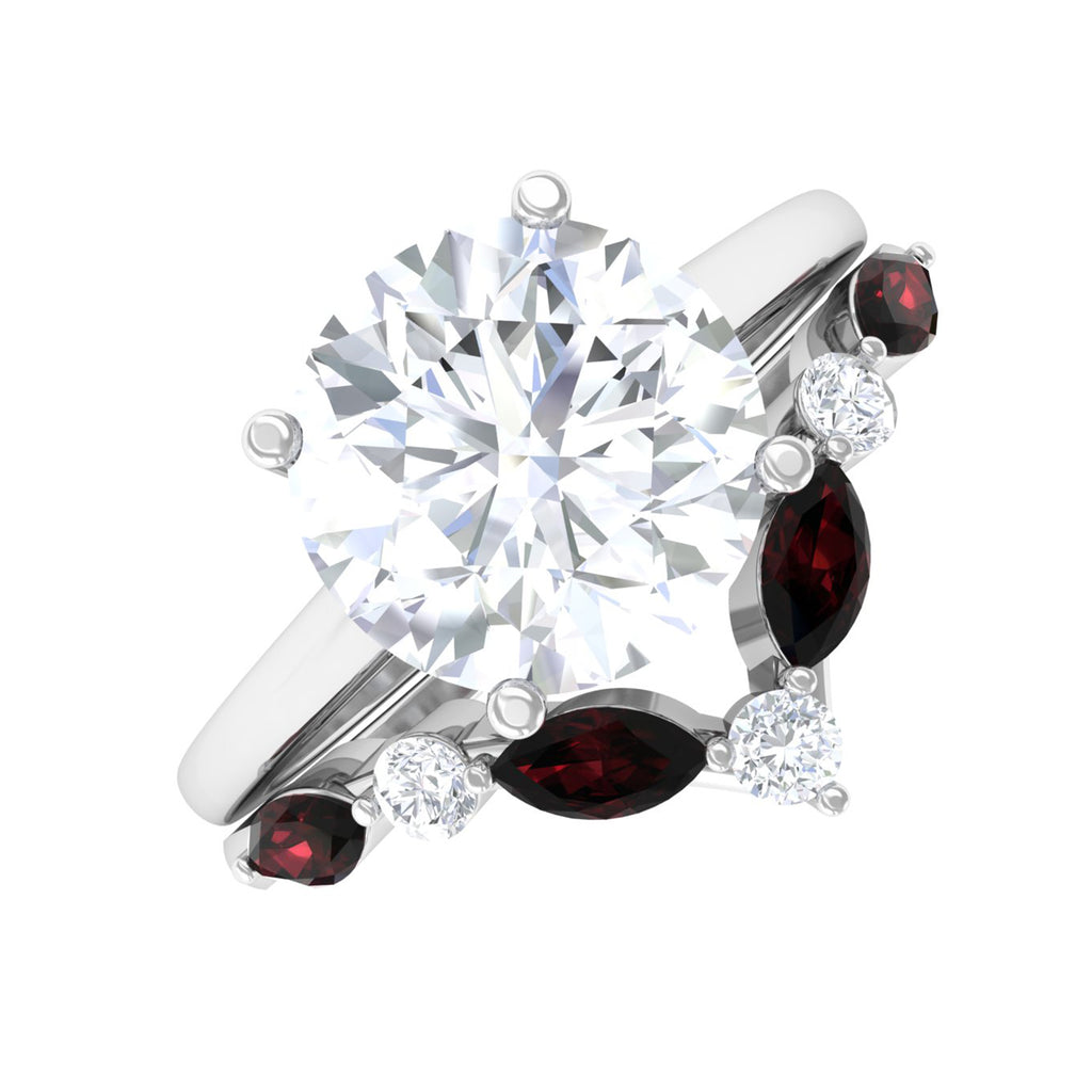 Minimal Moissanite Ring Set with Garnet D-VS1 8 MM - Sparkanite Jewels
