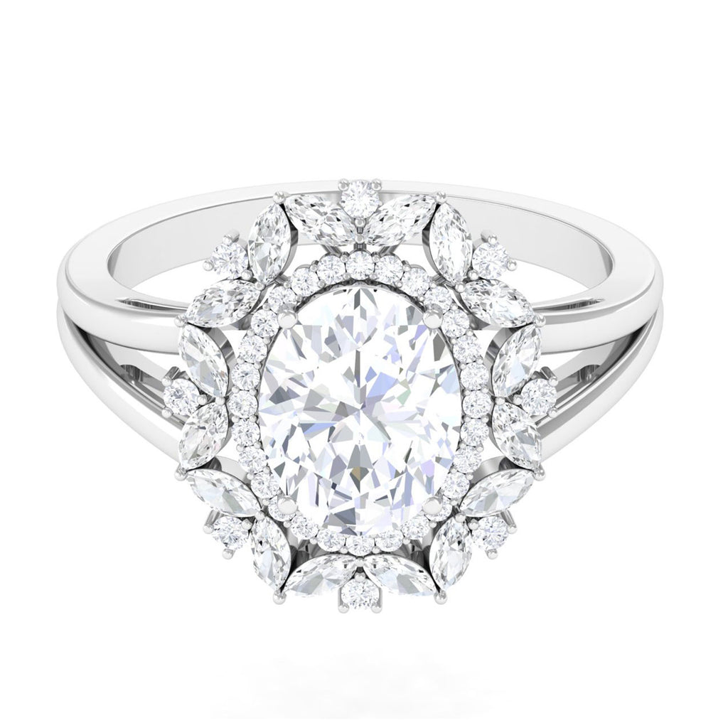Oval Shape Moissanite Double Halo Engagement Ring with Split Shank D-VS1 - Sparkanite Jewels