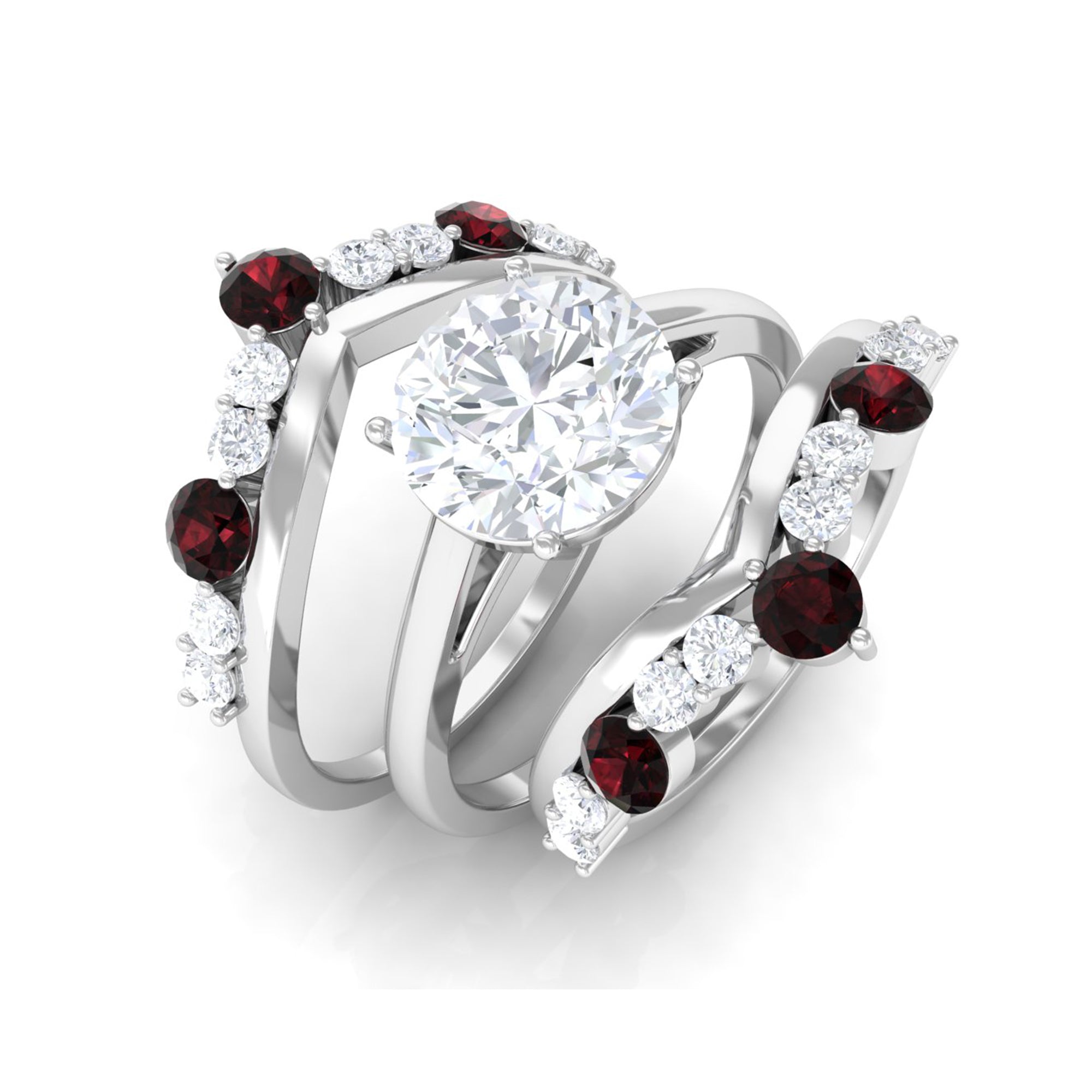 Classic Moissanite Bridal Ring Set of 3 with Garnet D-VS1 - Sparkanite Jewels