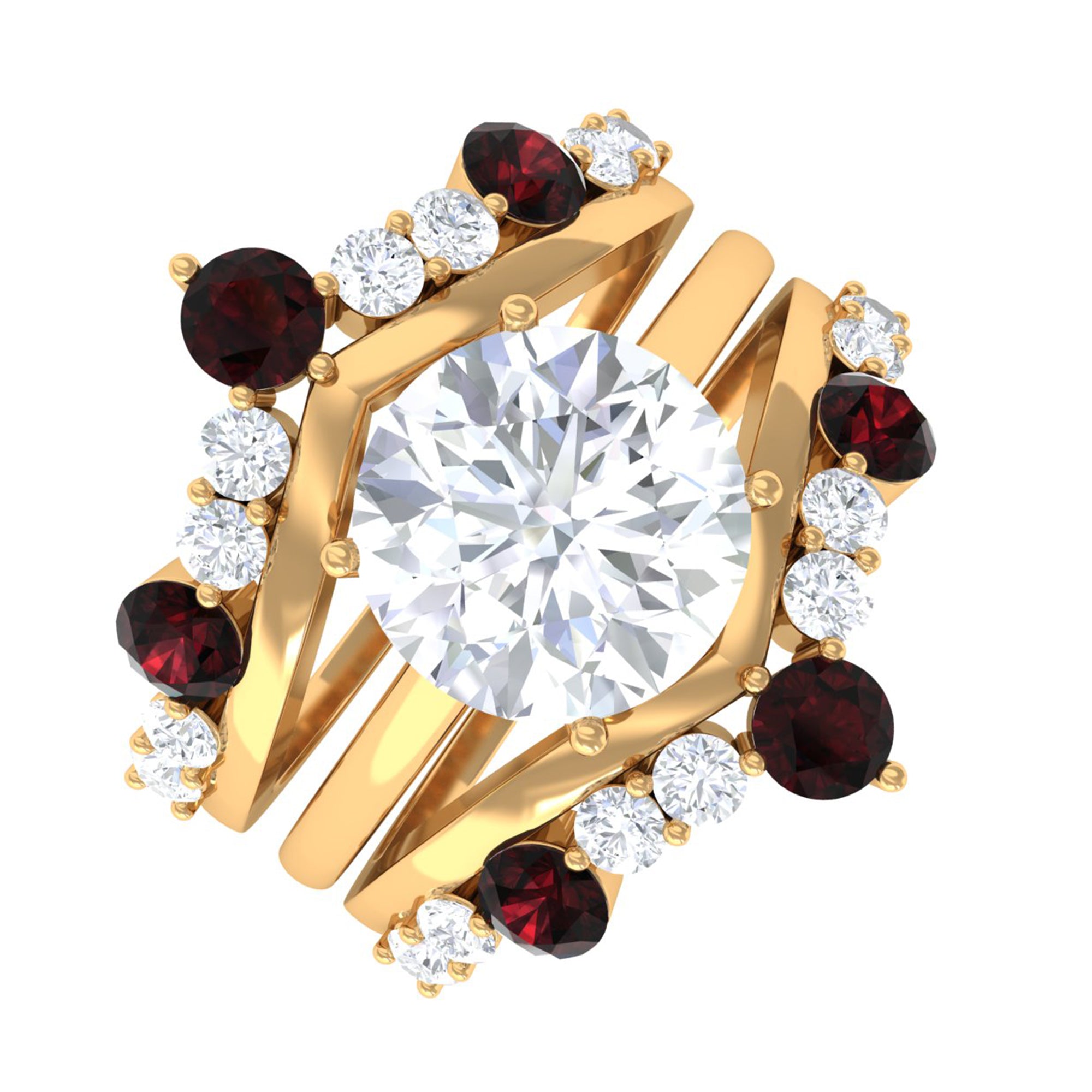 Classic Moissanite Bridal Ring Set of 3 with Garnet D-VS1 - Sparkanite Jewels